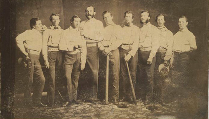 Brooklyn Excelsiors, 1860. From left to right: Thomas Reynolds, SS; John Whiting, 3B; Jim Creighton, P; Henry D. Polhemus, 2B; Aleck T. Pearsall, 1B; Edwin Russell, LF; Joe Leggett, C; Asa Brainard, LF; and George Flanly, CF.